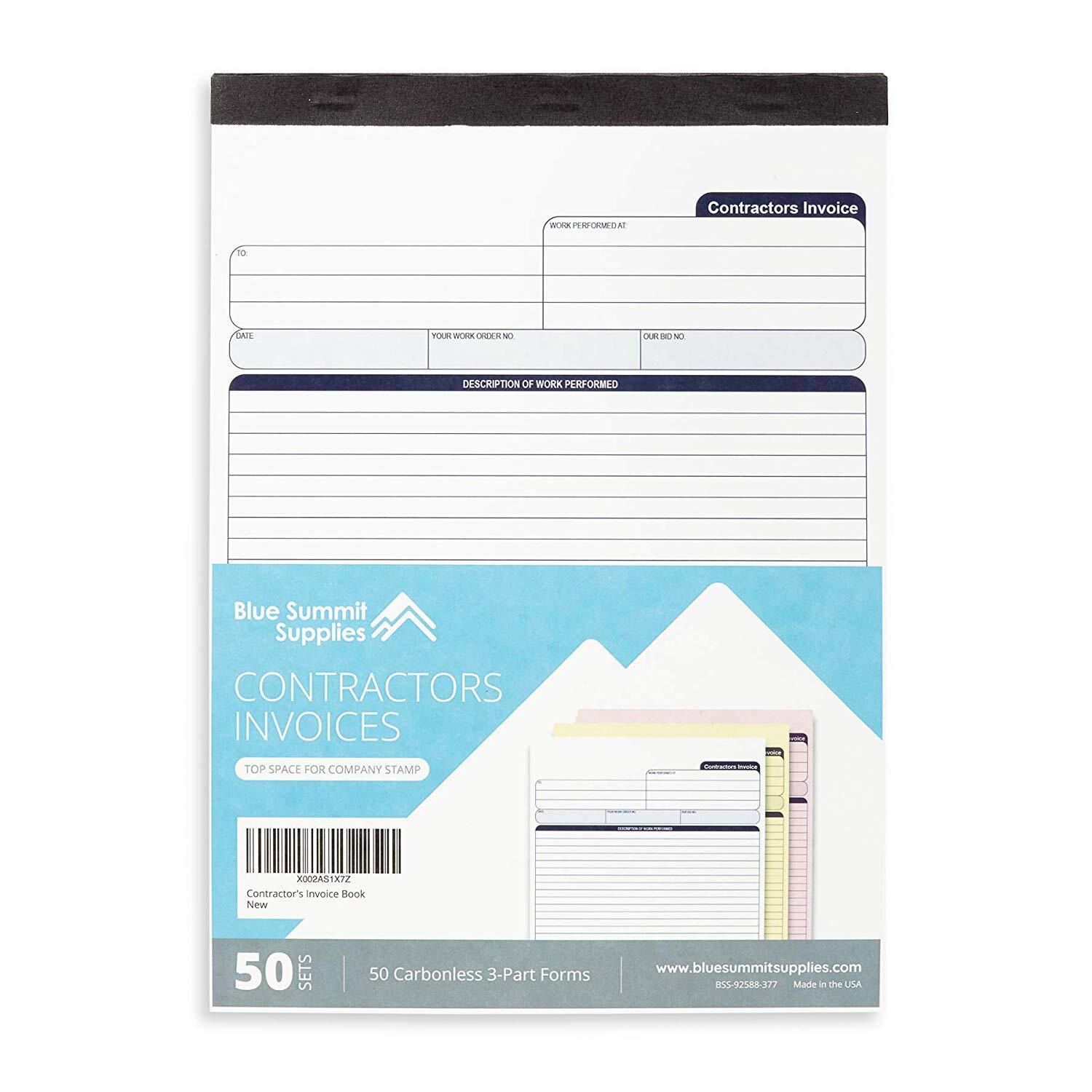 Contractor’s Invoice Book 3 Part Carbonless Forms 50 Full Page Receipts