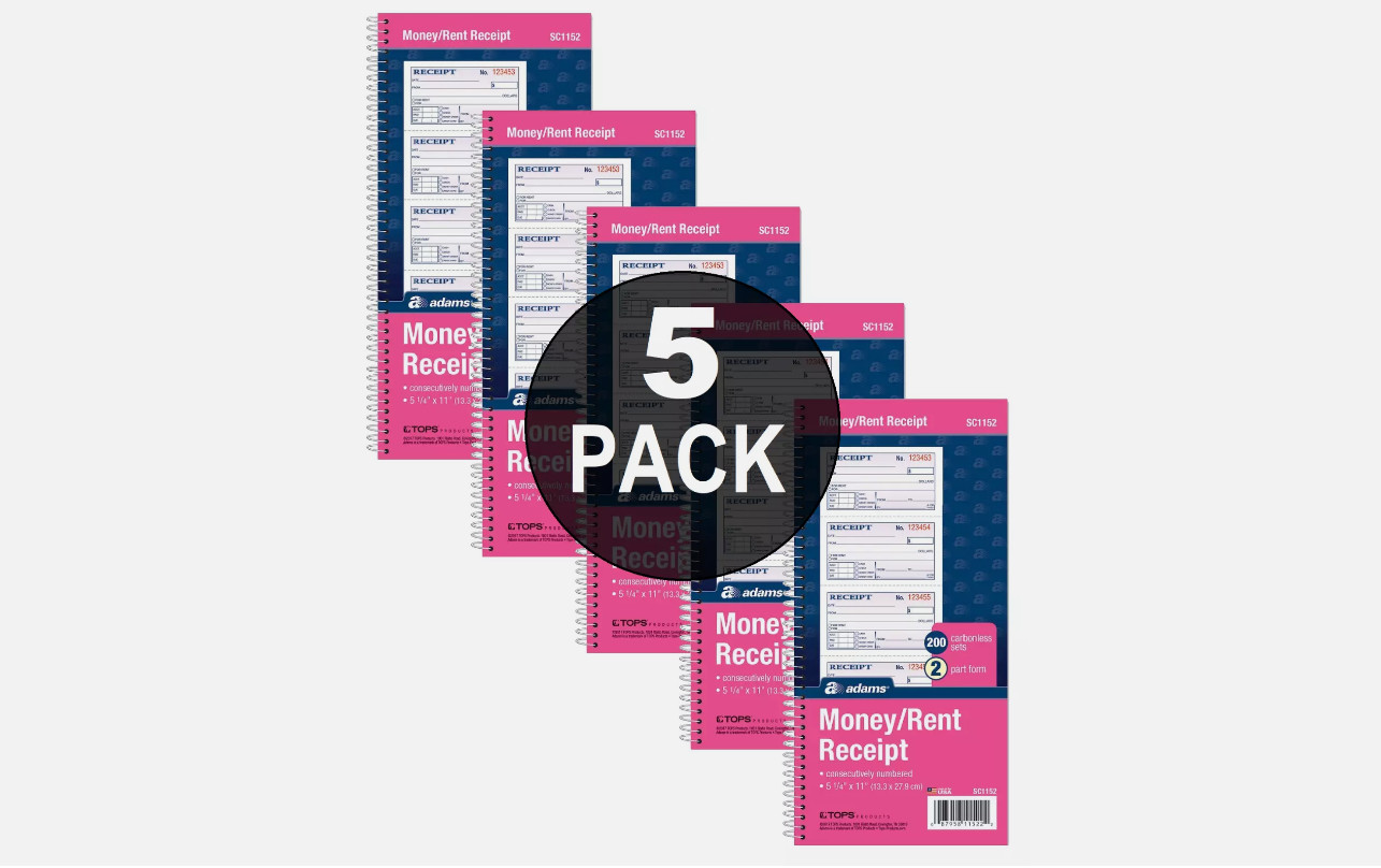 Adams Spiral Money Rent Receipt Books, 2 Part, 5-1/4″ x 11″, 5 Pack (1000 Forms)
