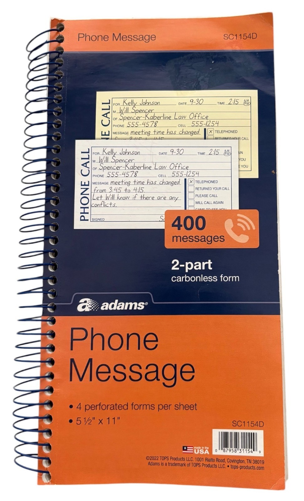 Adams SC1154D Phone Message Book 400 2-Part Carbonless Forms Spiral-Bound