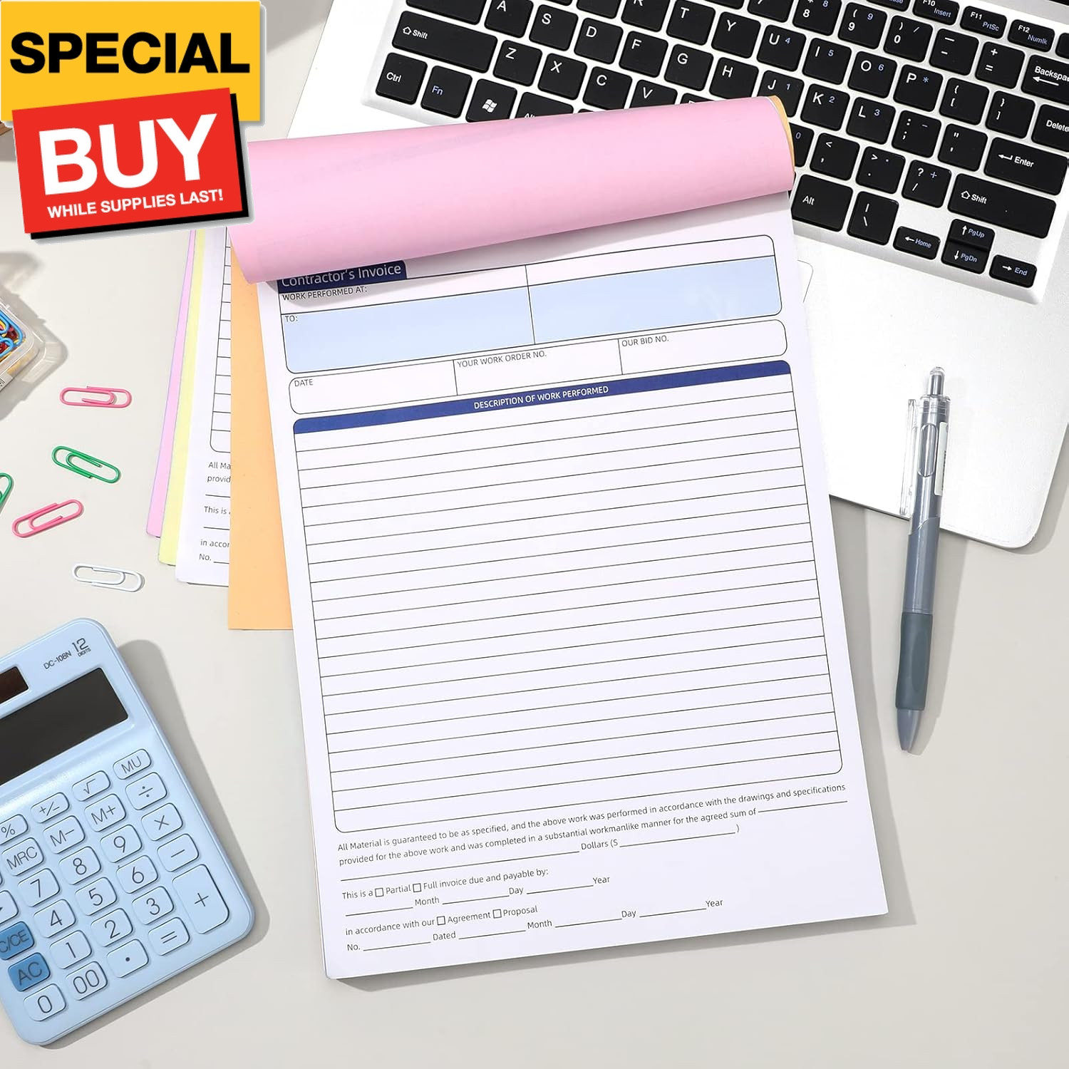 2 Pcs Contractors Invoice Book Carbonless Forms Receipt 8.5 x 11 Inch Work Order