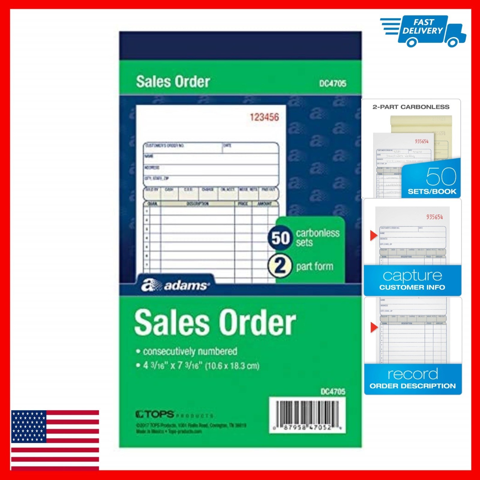 Adams Sales Order Books – 2-Part Carbonless – 3 Pack 4-3/16″ x 7-3/16″