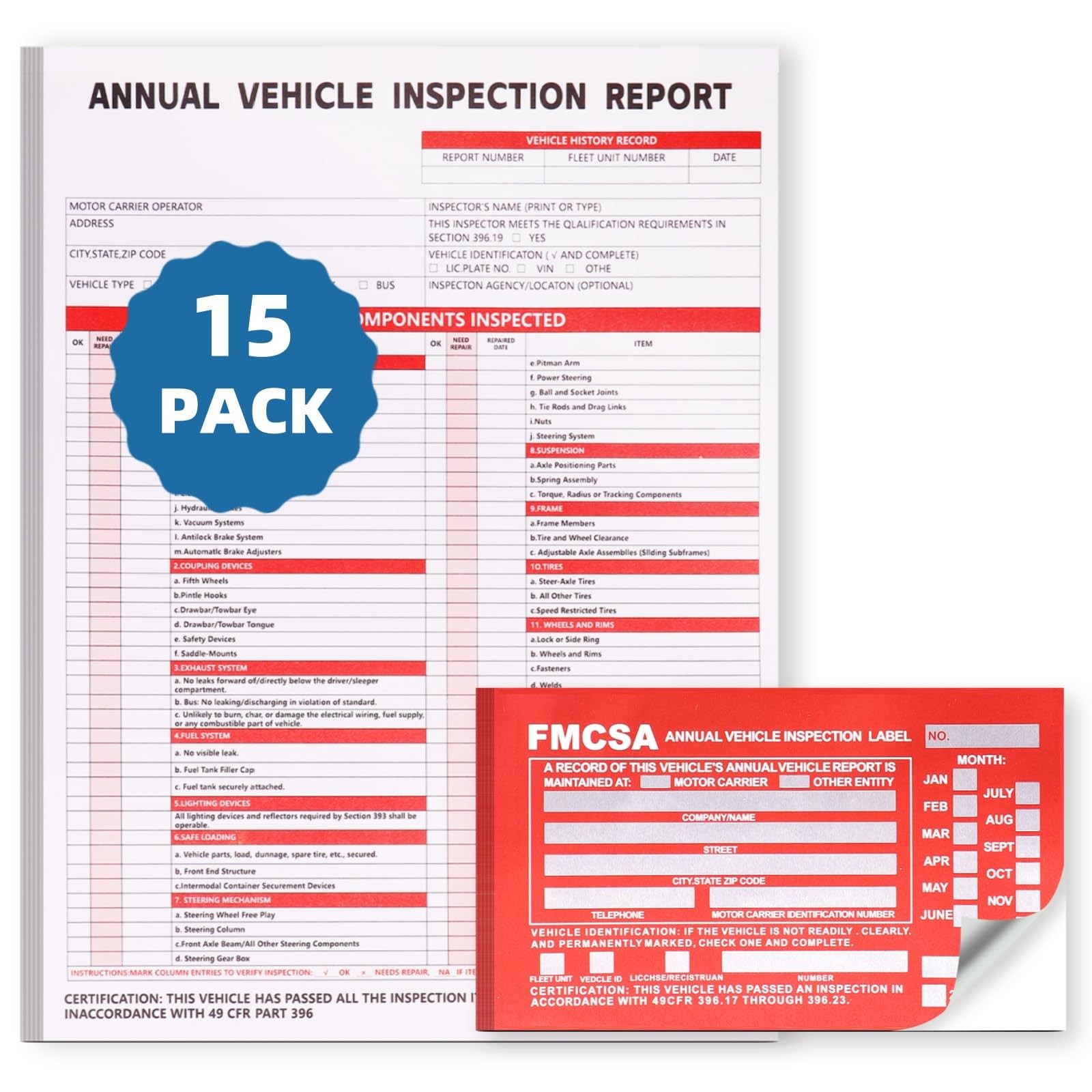 Annual Vehicle Inspection Report Forms 15 Pack with Red FMCSA Labels Aluminum