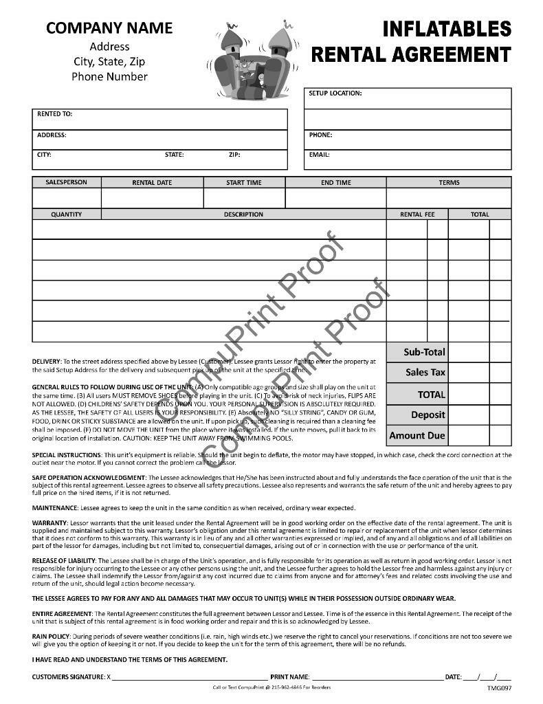 Inflatable Rental Agreement in Black & White / 8.5 X 11 / 2 or 3 Part / TMG097