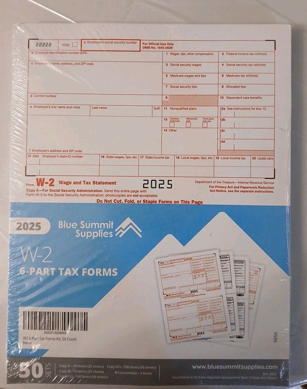2025 W2 6 Part Tax Forms Kit, 100 Employee Kit of Laser Designed…