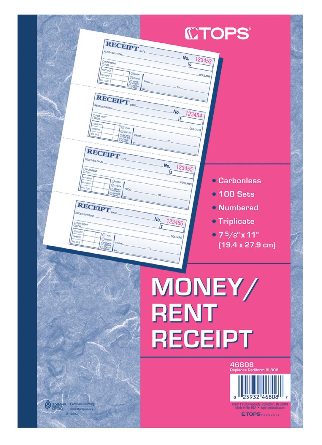 Money/Rent Receipt Book, 3-Part, Carbonless, 11 x 7-5/8 Inches, 4 Receipts/Pa…