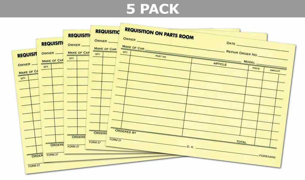 Requisition On Parts Room Form – 5 Pack (Parts Requisition Form) (5 Pads of 100)