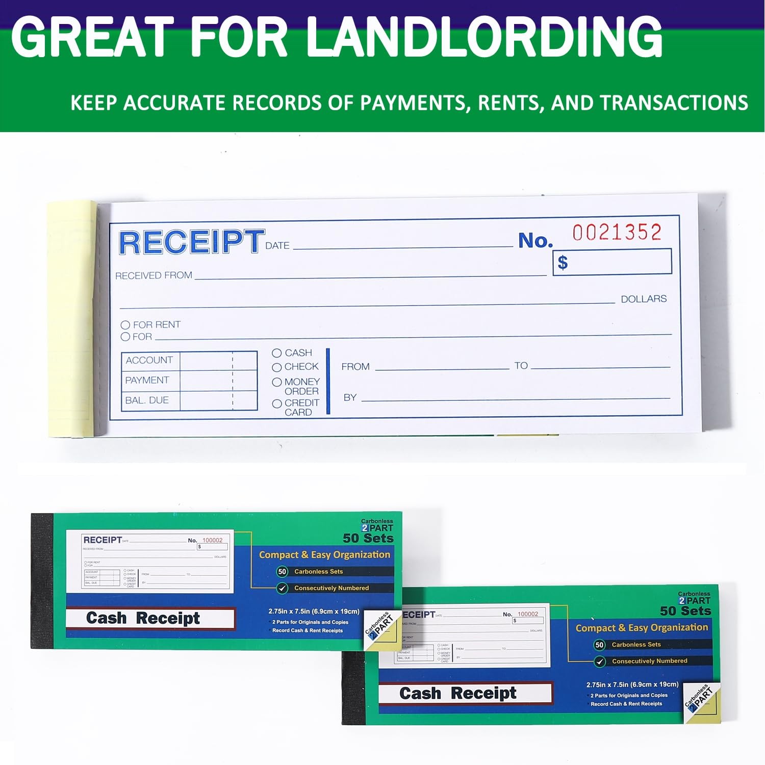 Money or Rent Receipt Book, 50 Sets 7 1/2″ x 2 3/4″ 2-Part Carbonless, White…