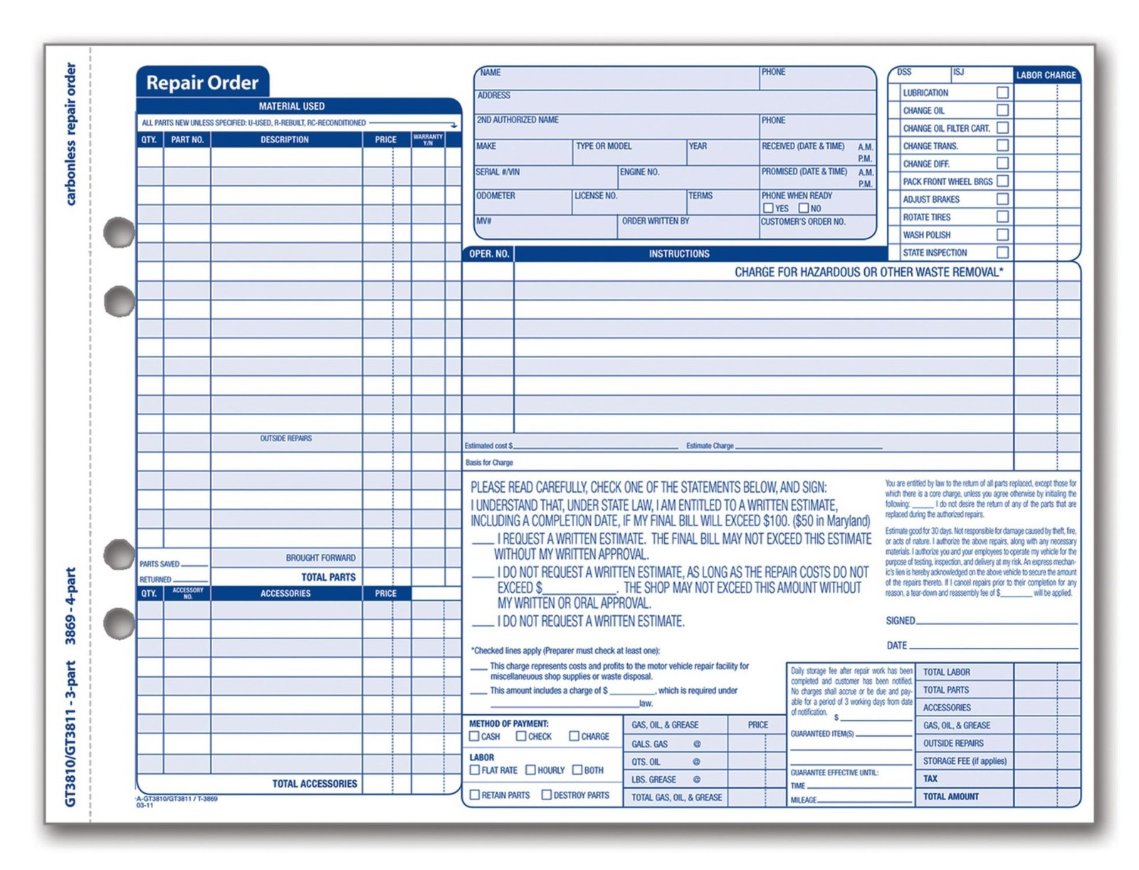 Garage Repair Order Forms – 3 Part, 50 Sets, 8.5×11.44″, White & Canary Paper
