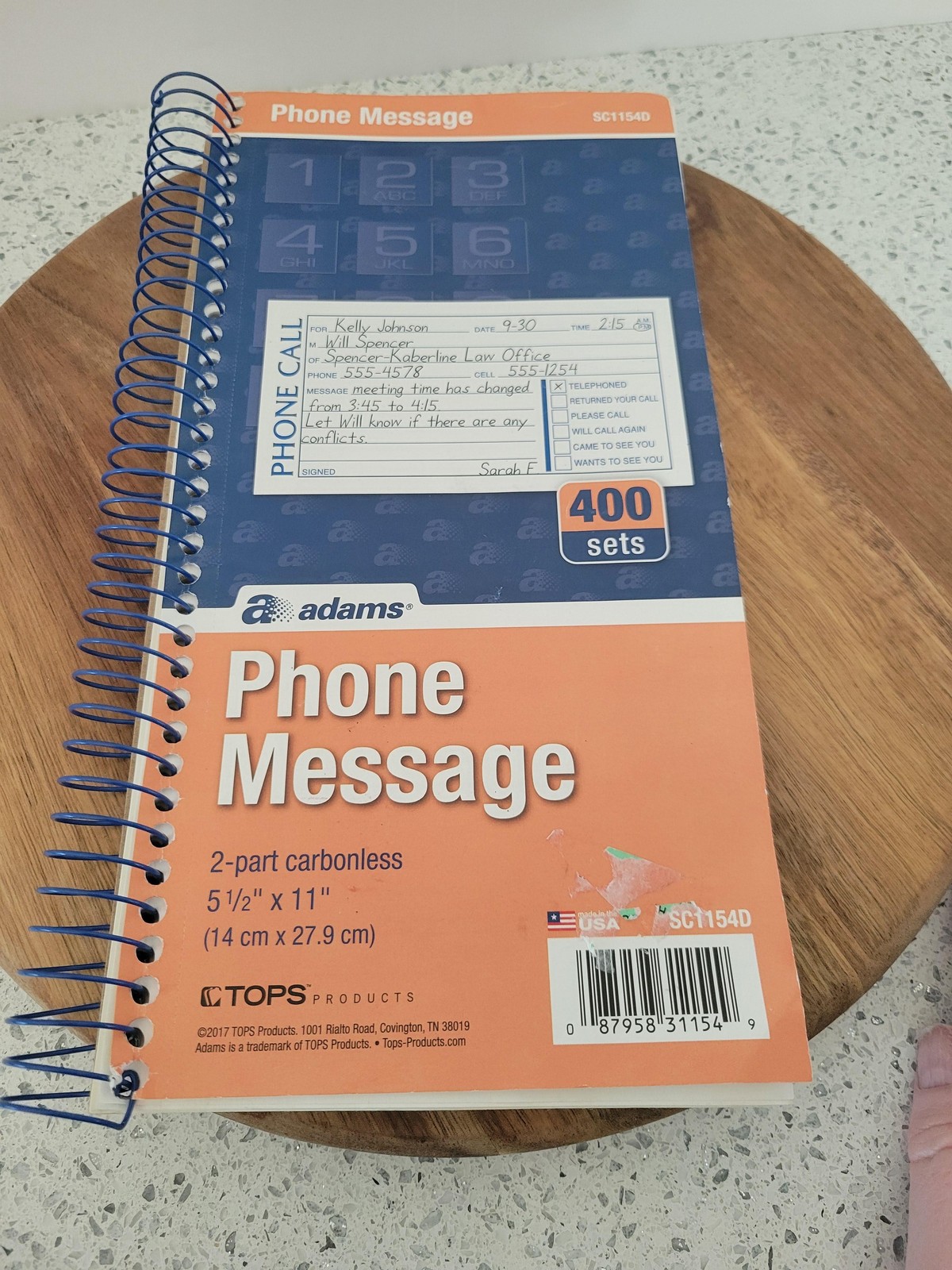 Adams TOPS Phone Message Book 2-Part Carbonless 400 Sets Spiral 5-1/2 X 11 USA
