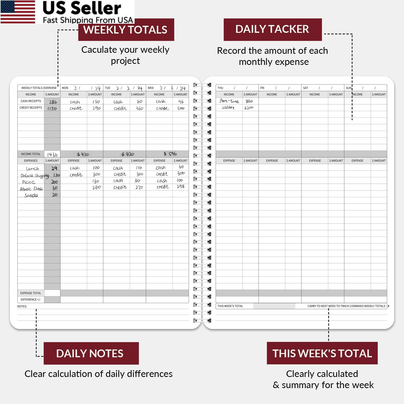 Income Expense Log Book Business Ledger Accounting Tracker 8.5×10.5 Red USA