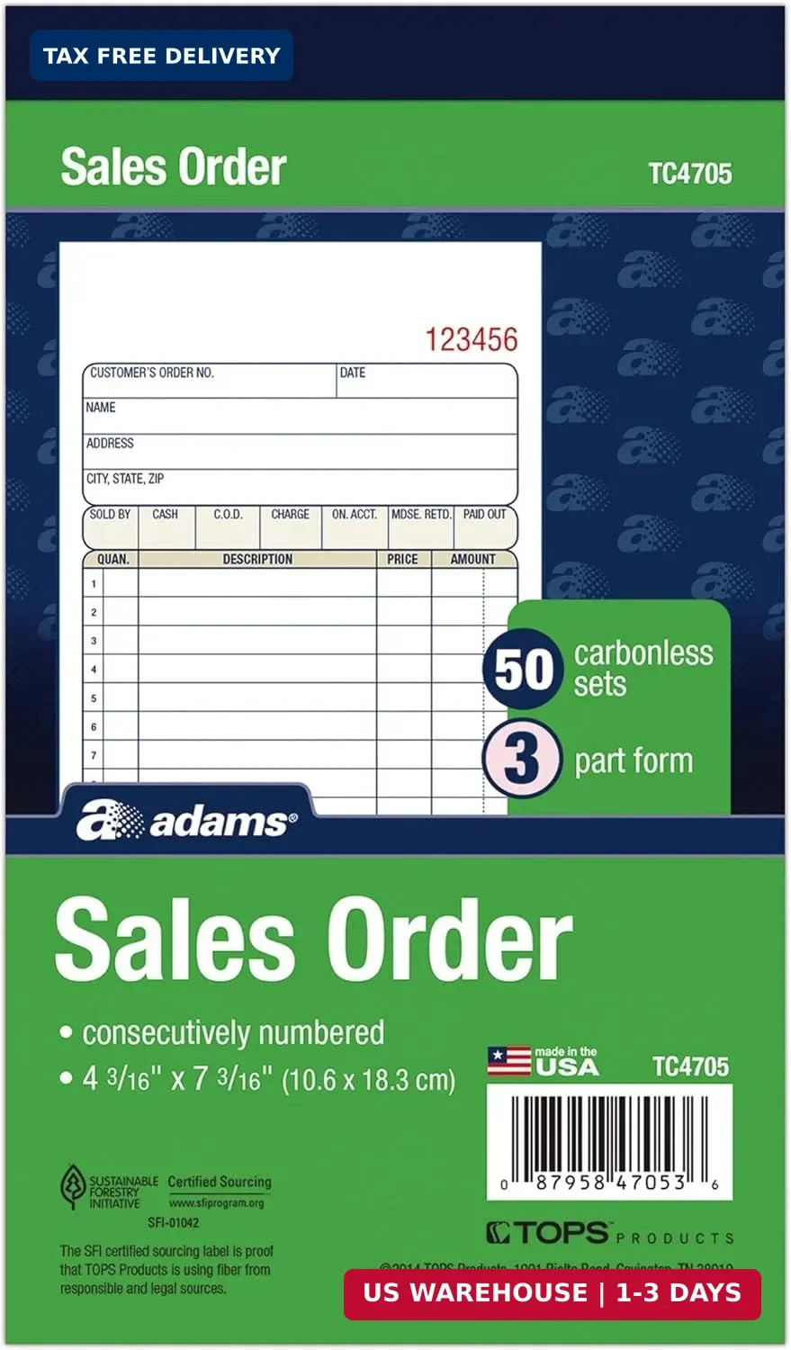 Adams Sales Order Book, 3-Part, Carbonless, 4-3/16″ X 7-3/16″ Inch, 50 Sets, Whi