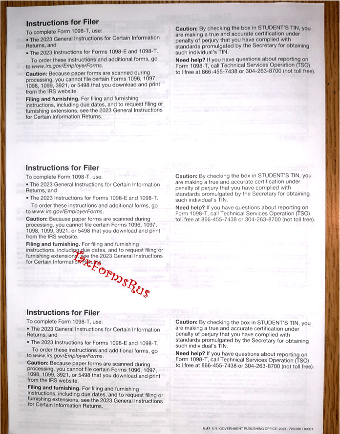 2023 IRS Tax Form 1098-T single sheet set for 3 students, NONcarbonless 3pt, 3up