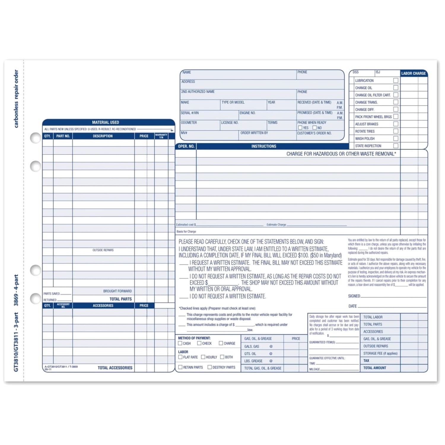Garage Repair Order Forms 250-Count 8.5 x 11 Inch