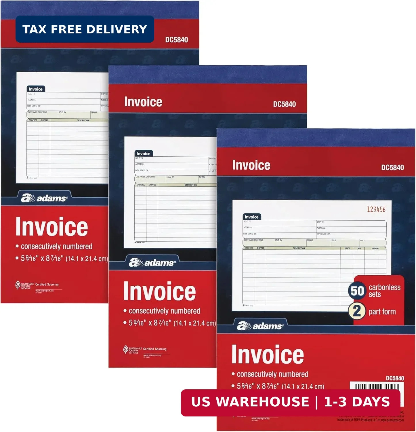 Invoice Book 3 Pack, 2 Part Carbonless Invoices, Horizontal Sales Slip, 5-9/1…