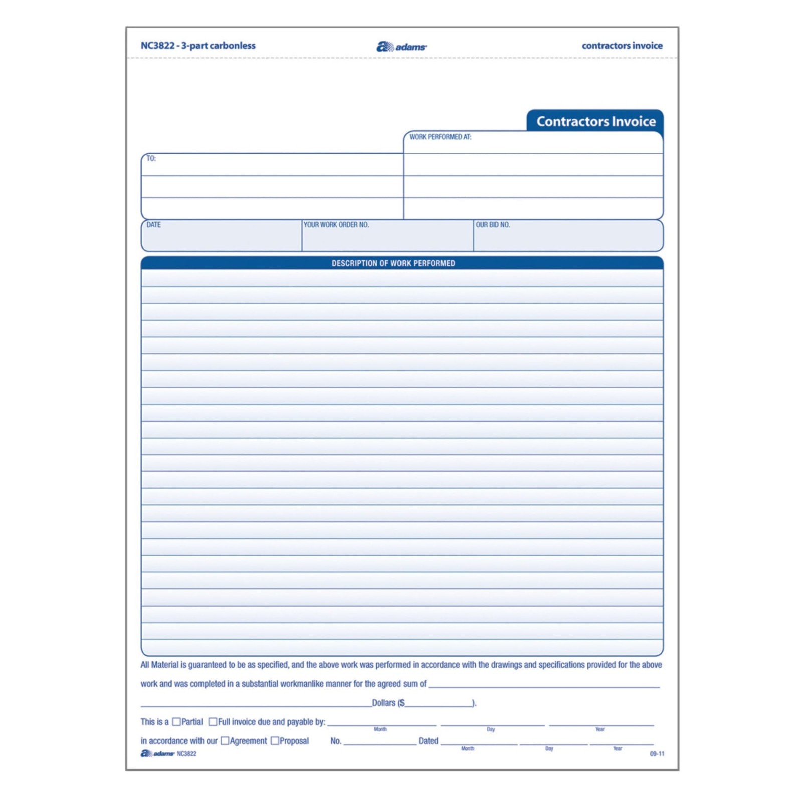 Adams Contractor Invoice Forms NC3822 | 3-Part Carbonless Invoice Book, 8.5″ x 1