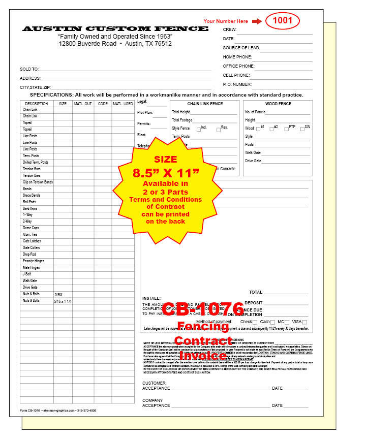 Fencing Work Order Invoice 2 or 3 parts