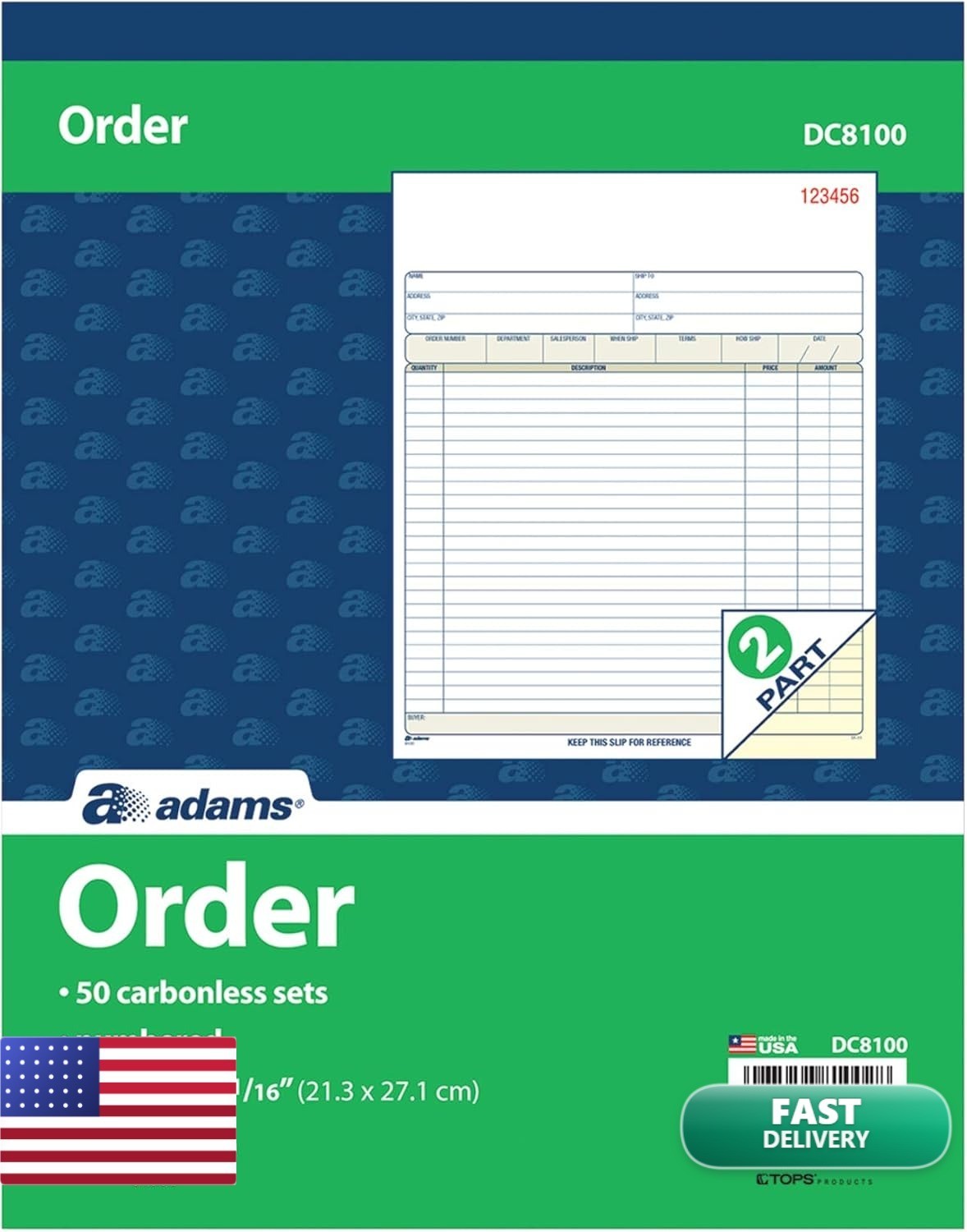 Adams Order Book, 2-Part, Carbonless, White/Canary, 8-3/8 x 10-11/16 Inches, 50