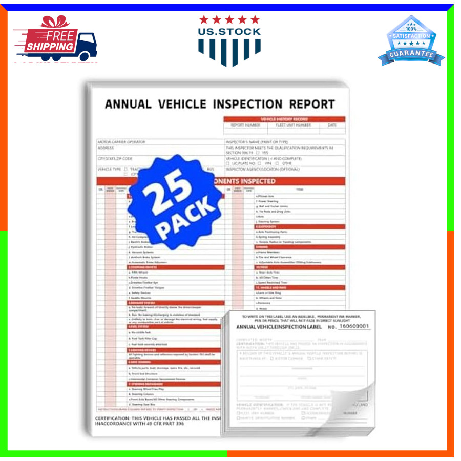 25 Pack Annual Vehicle Inspection Forms & Vinyl Labels 3 Layer Report Set