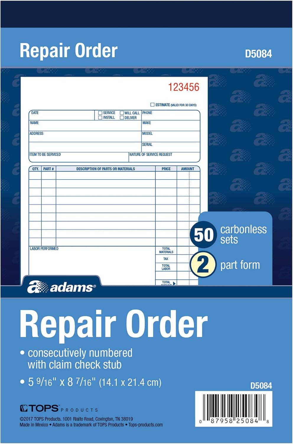 Adams Repair Order Book, Carbonless, 2-Part, White/White, 5-9/16 x 8-7/16 Inches