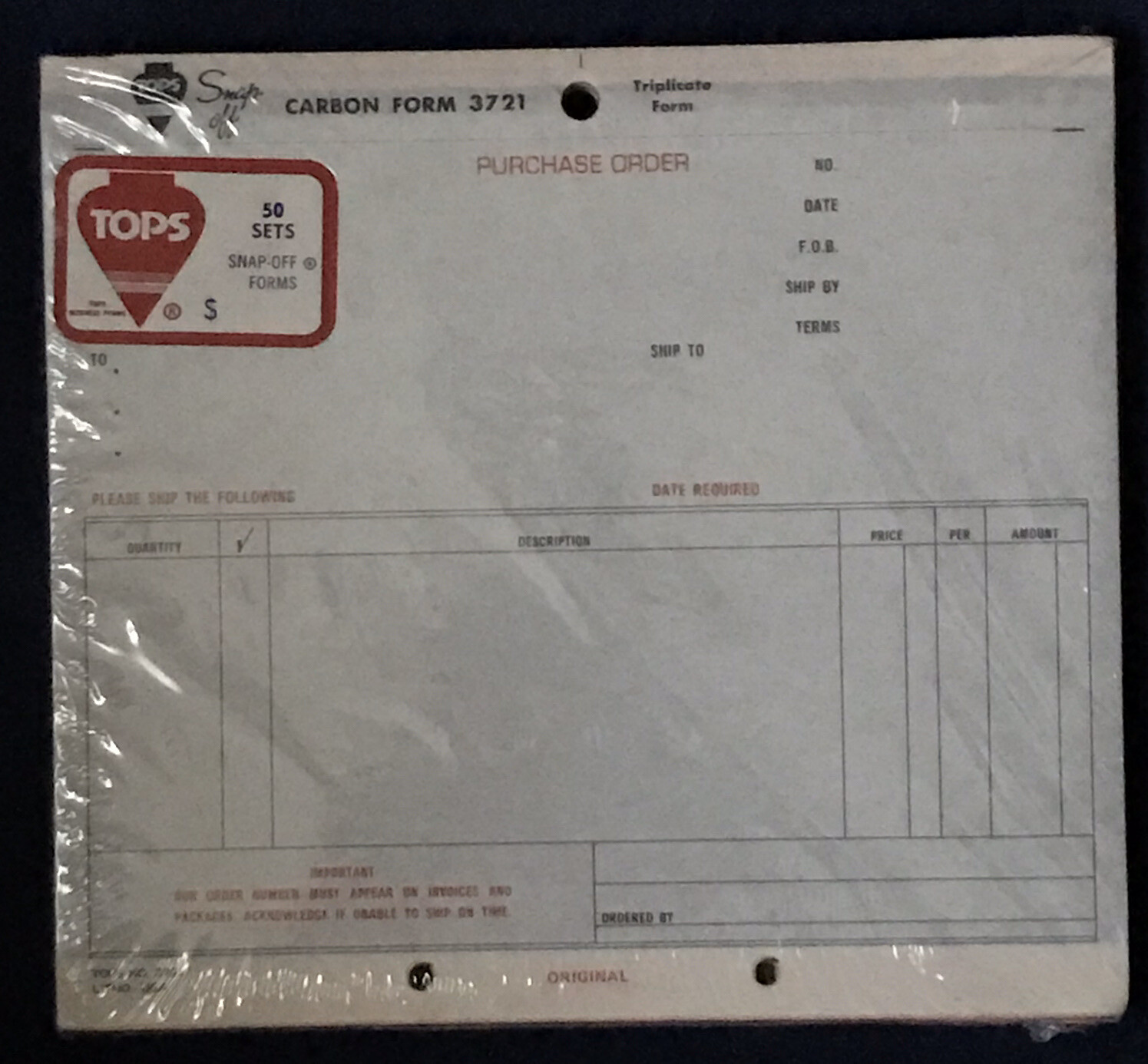 SEALED Tops Pack of 50 – Carbon 3 Part Purchase Order Form #3721 – 7″ x 8.50″