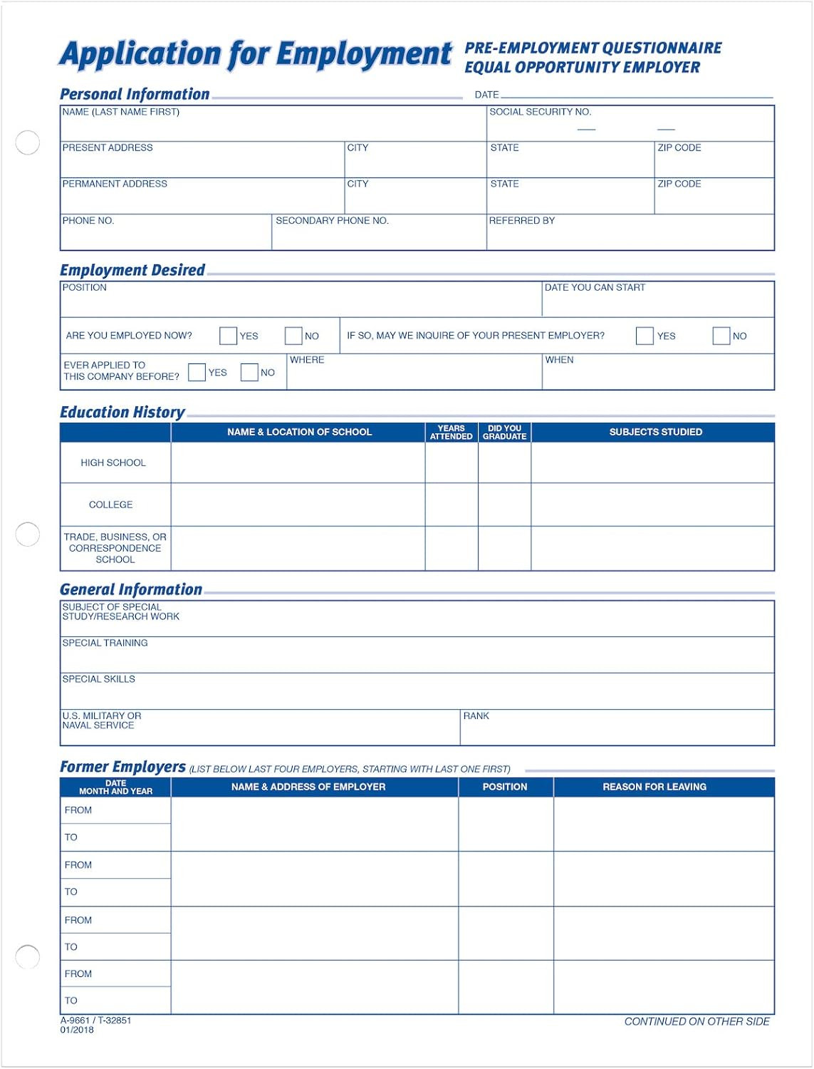 Applications for Employment, 8.5 X 11 Inch, 3-Hole Punched, 50-Sheets/Pack, 2…