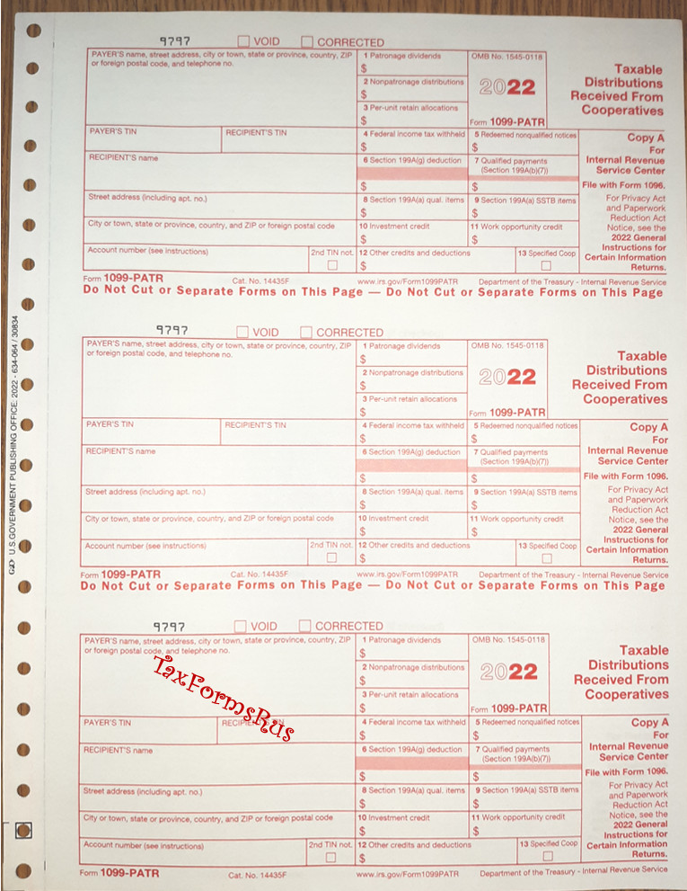 2022 IRS Tax Form 1099-PATR single sheet set for 3 recipients, carbonless 3-part