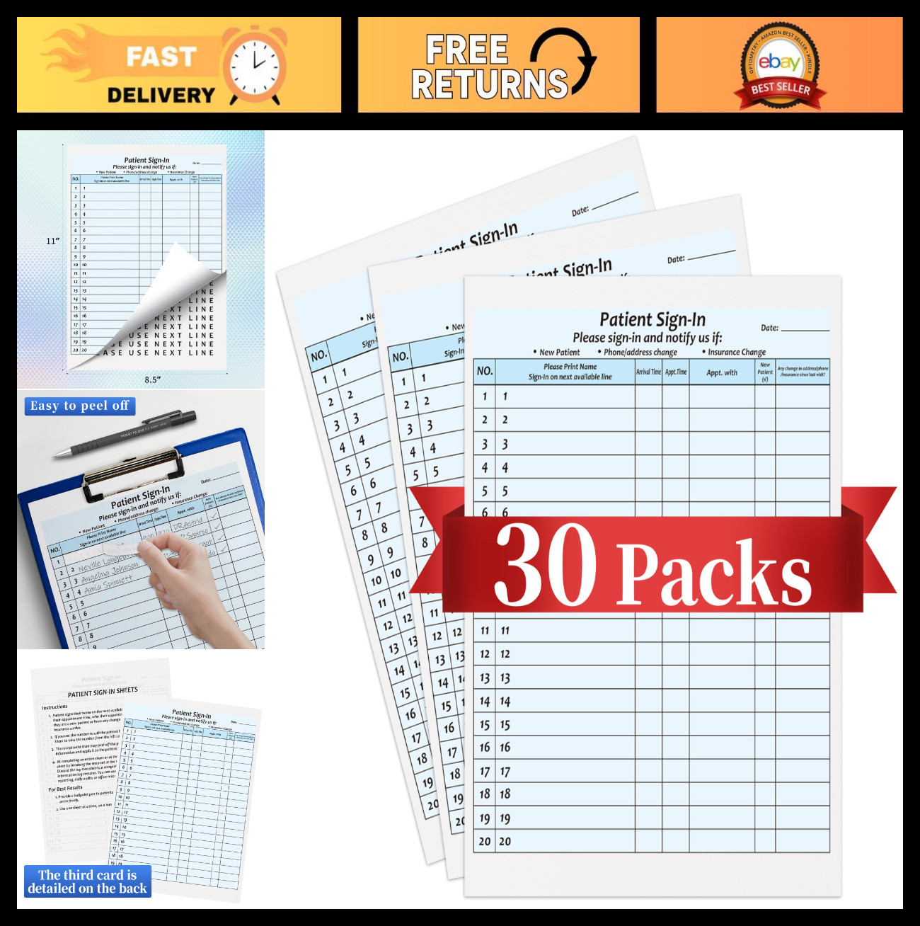 30 Pack HIPAA Compliant Patient Sign-In Sheets, NCR Carbonless 3-Part Forms for