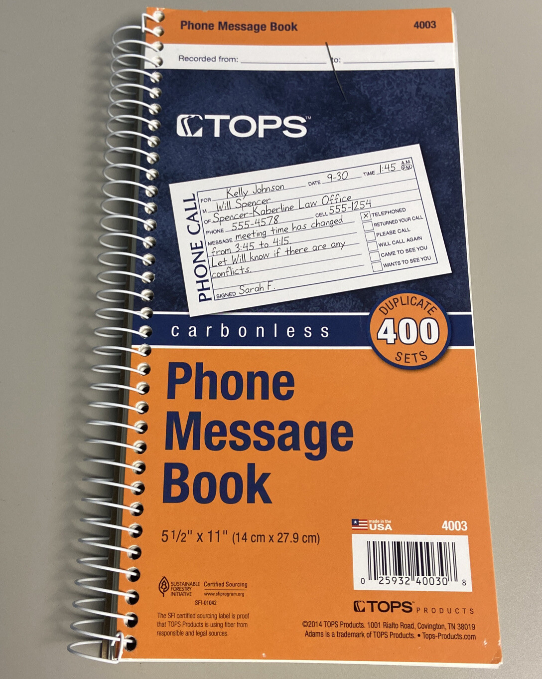 TOPS Phone Message Forms Book Carbonless Duplicate 5.5” X 11 400 Sets per Book