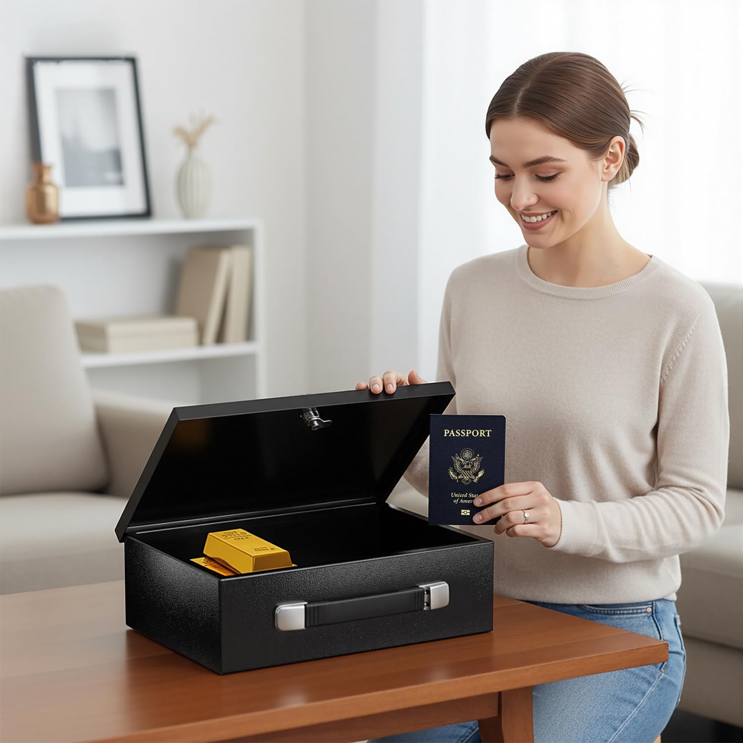 Fireproof Document Box with Key Lock, Metal Lock box Large, Black