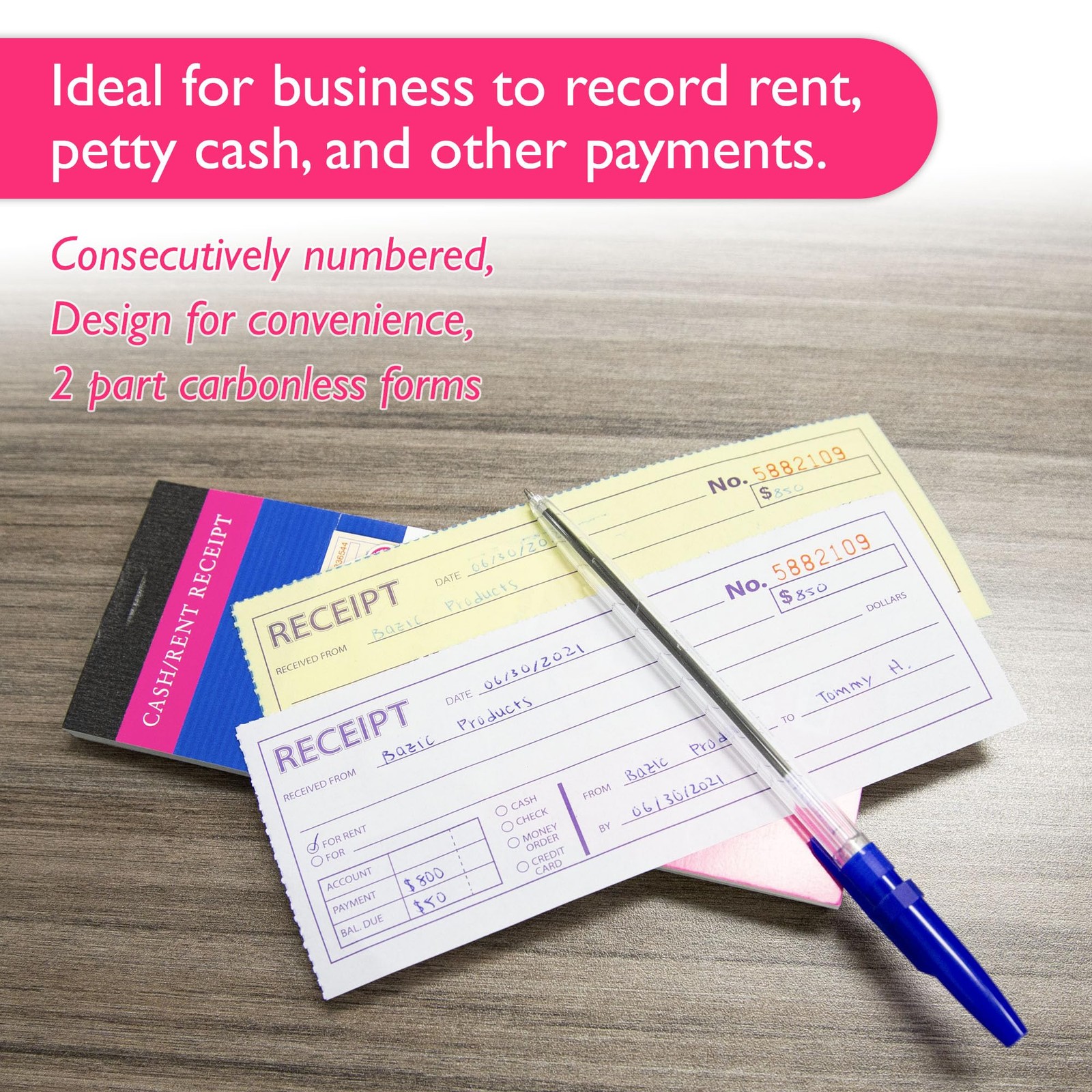 BAZIC PRODUCTS Cash or Rent Receipt Book, 2-Part Carbonless, 1-Pack, 50 Sets