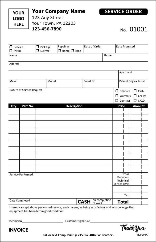 Service Order Small Invoices / 2 Part or 3 Part / 5.5 x 8.5 / TMG195
