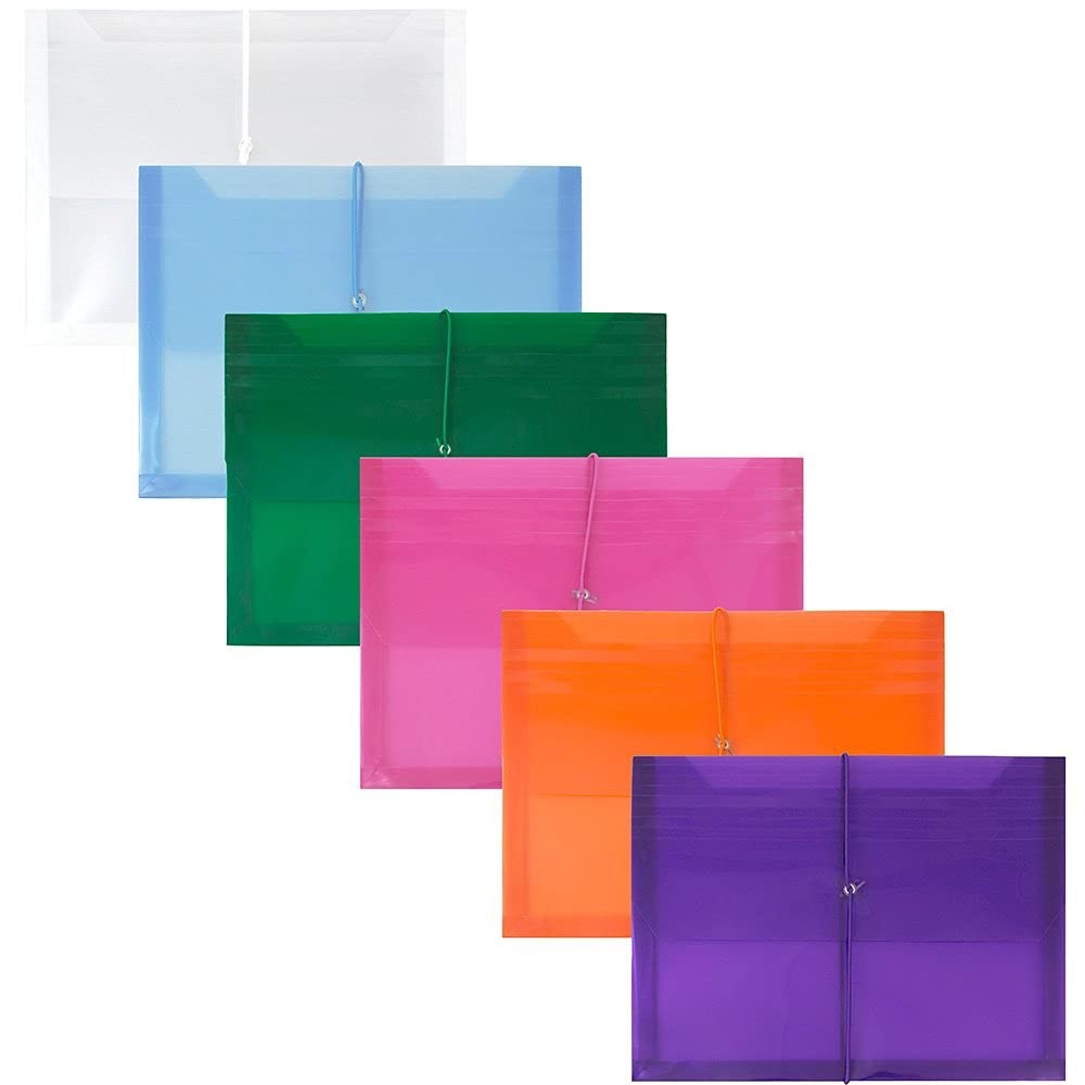 JAM PAPER Plastic Expansion Envelopes with Elastic Band 6 per Pack, Assorted