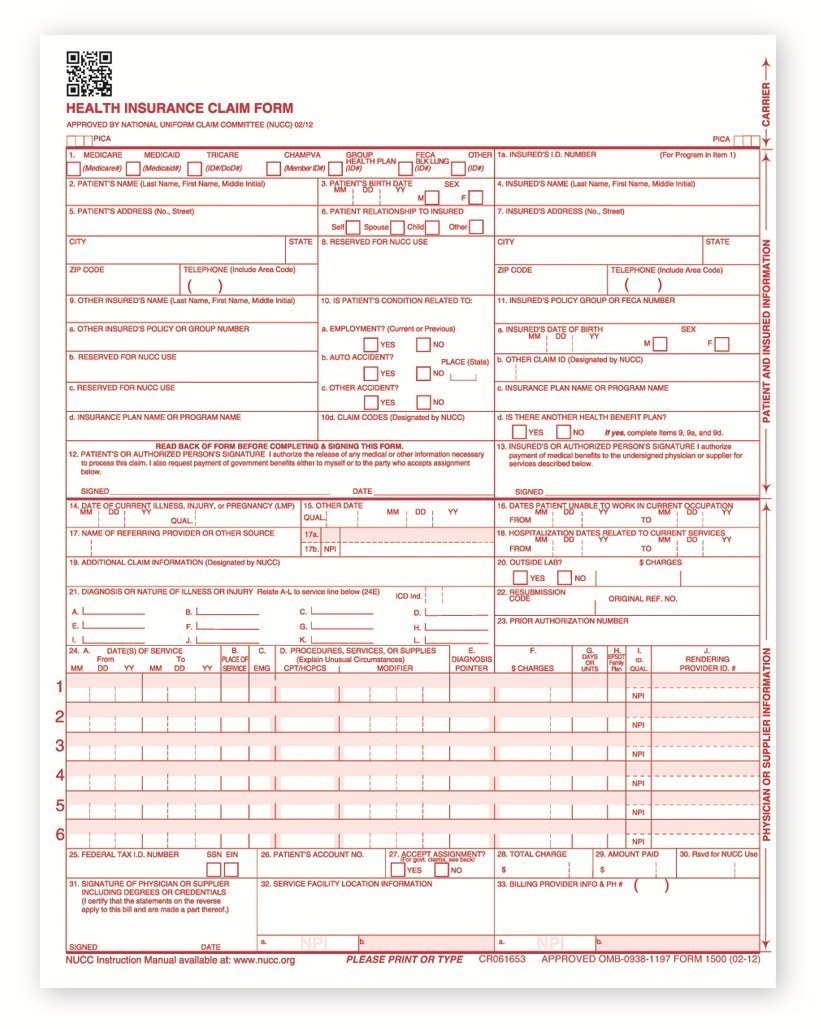 New Cms 1500 Claim Forms – Hcfa (Version 02/12) (500 Sheets), 7106