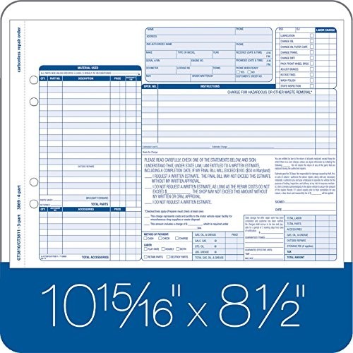 Garage Repair Order Forms, 8.5×11″, 3-Part, 250 Count, White & Canary, Invoice P