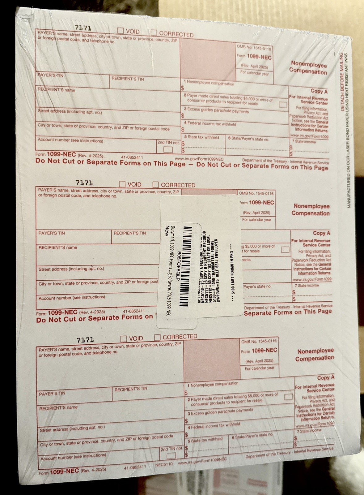 Dutymark 2025 1099-NEC Tax Forms Kit 25 Pack with Envelopes & 1096 Transmittal