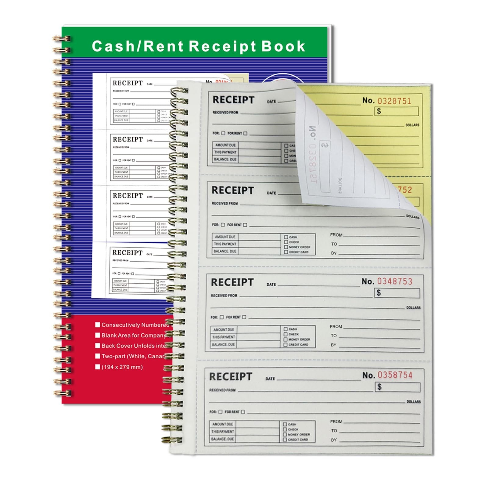 Money and Rent Receipt Book 2-Part Carbonless 7-5/8″ x 11″ Spiral Bound 200…