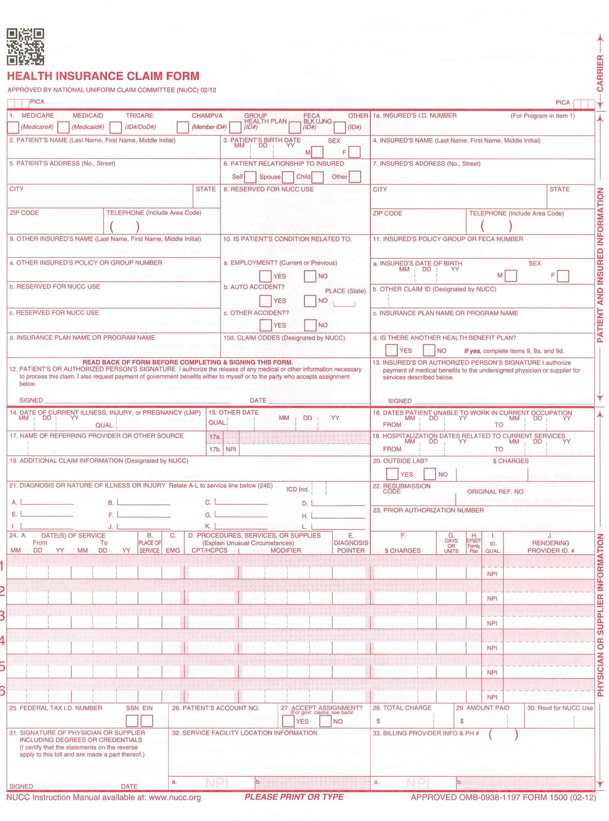 CMS 1500 (02/12 Version) 2500 Single Sheets. Insurance Billing Forms, HCFA 1500