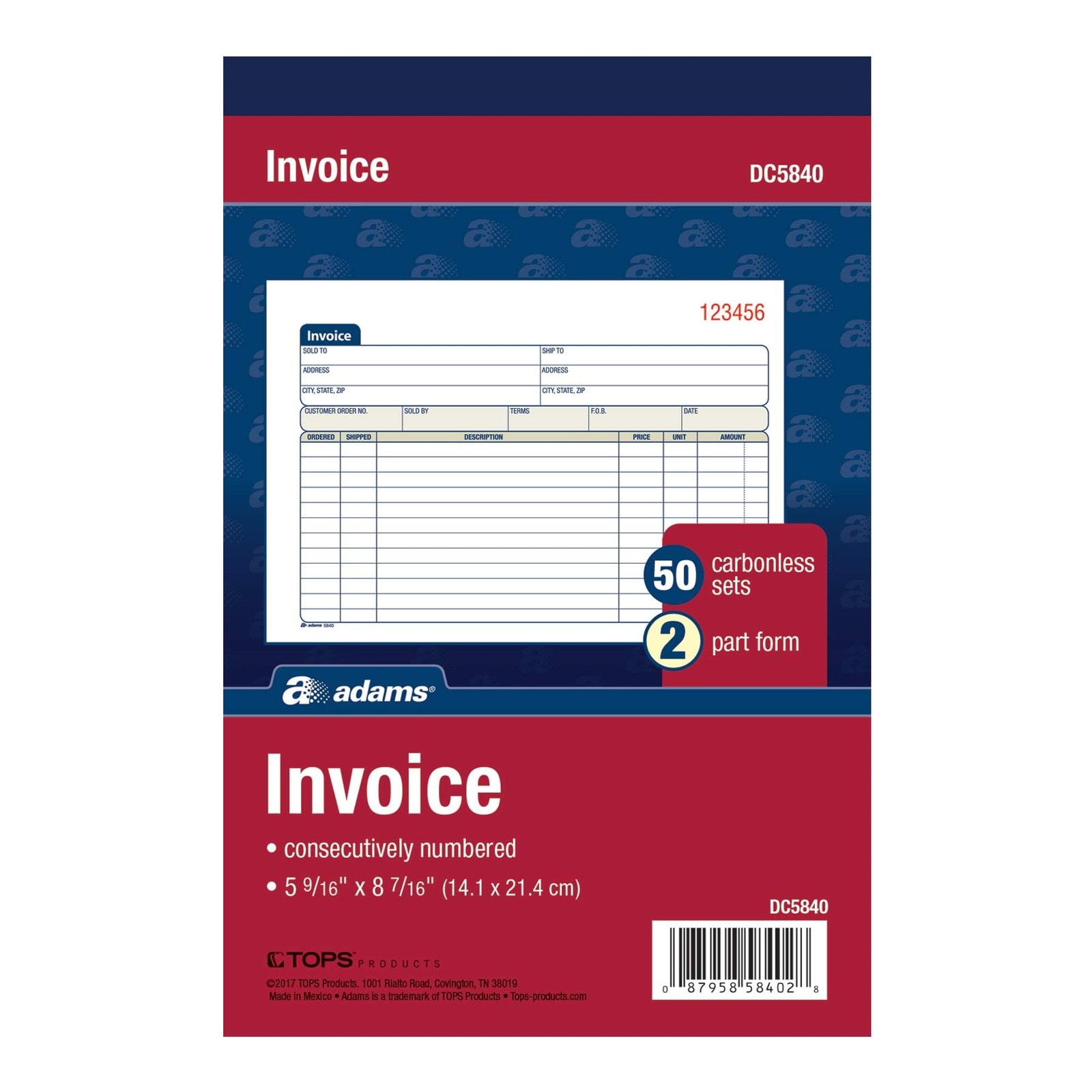 Adams Invoice Book, 2-Part, Carbonless, 5-9/16 x 8-7/16 Inches, 50 Sets per B…