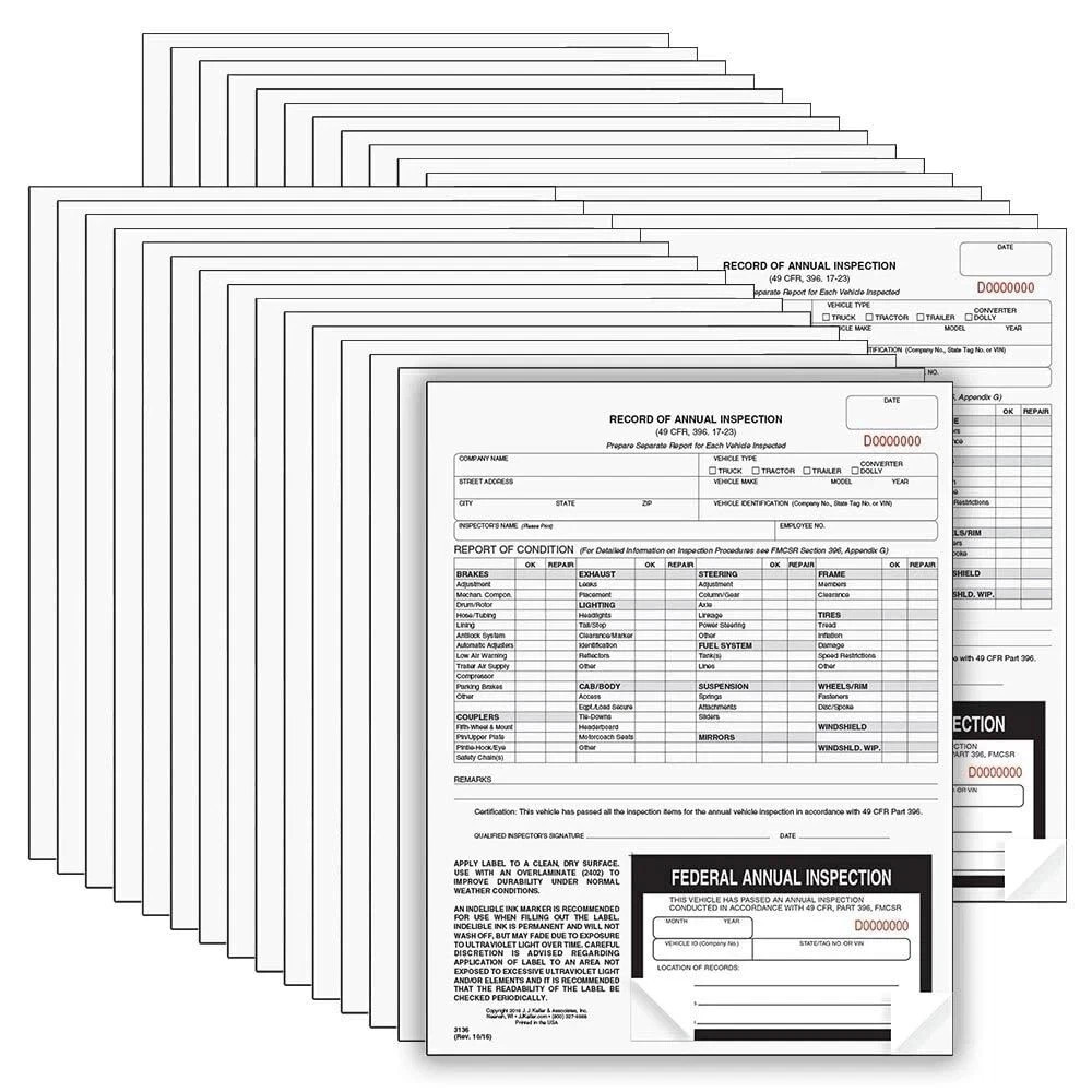 25-Pack DOT Annual Inspection Form & Label, 2-Ply Carbonless, Compliant