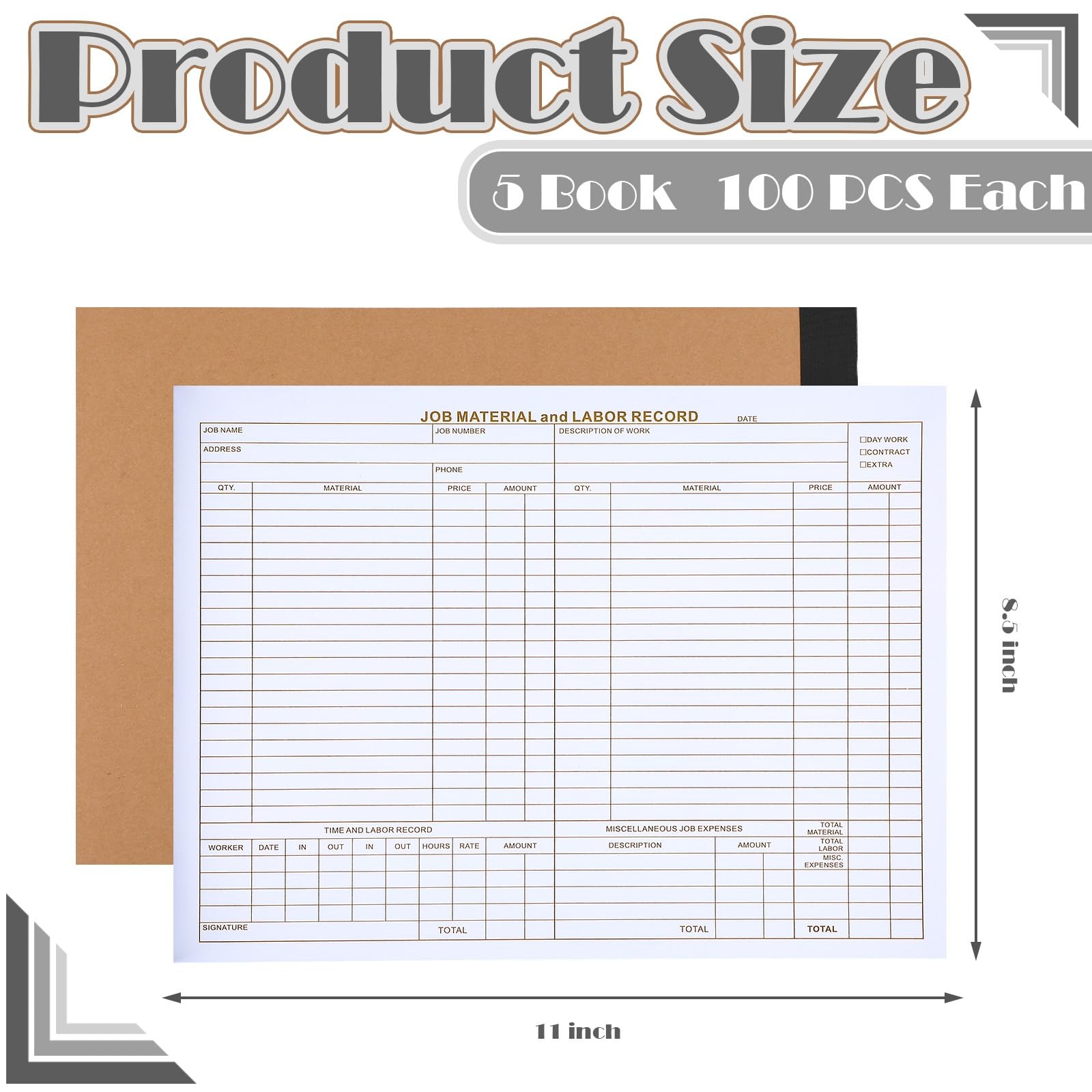5 Pack Material and Labor Records Pads – Job Forms Record 100 PCS Each Precut