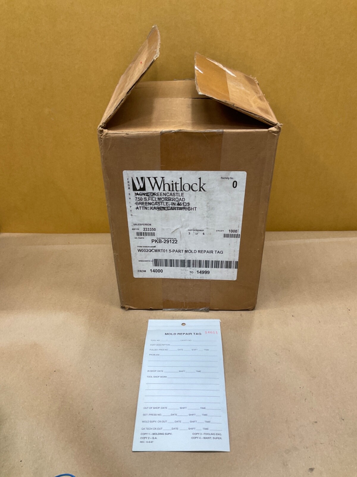 Whitlock Mold Repair Tags 5-Part 7” X 4 1/4” 1000 Count #27C36PR4