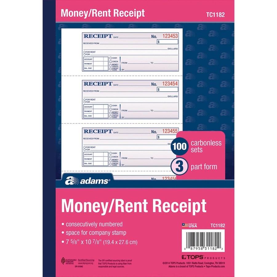 Adams TC1182 Tape Bound Money/Rent Receipt Book 100 Sheets