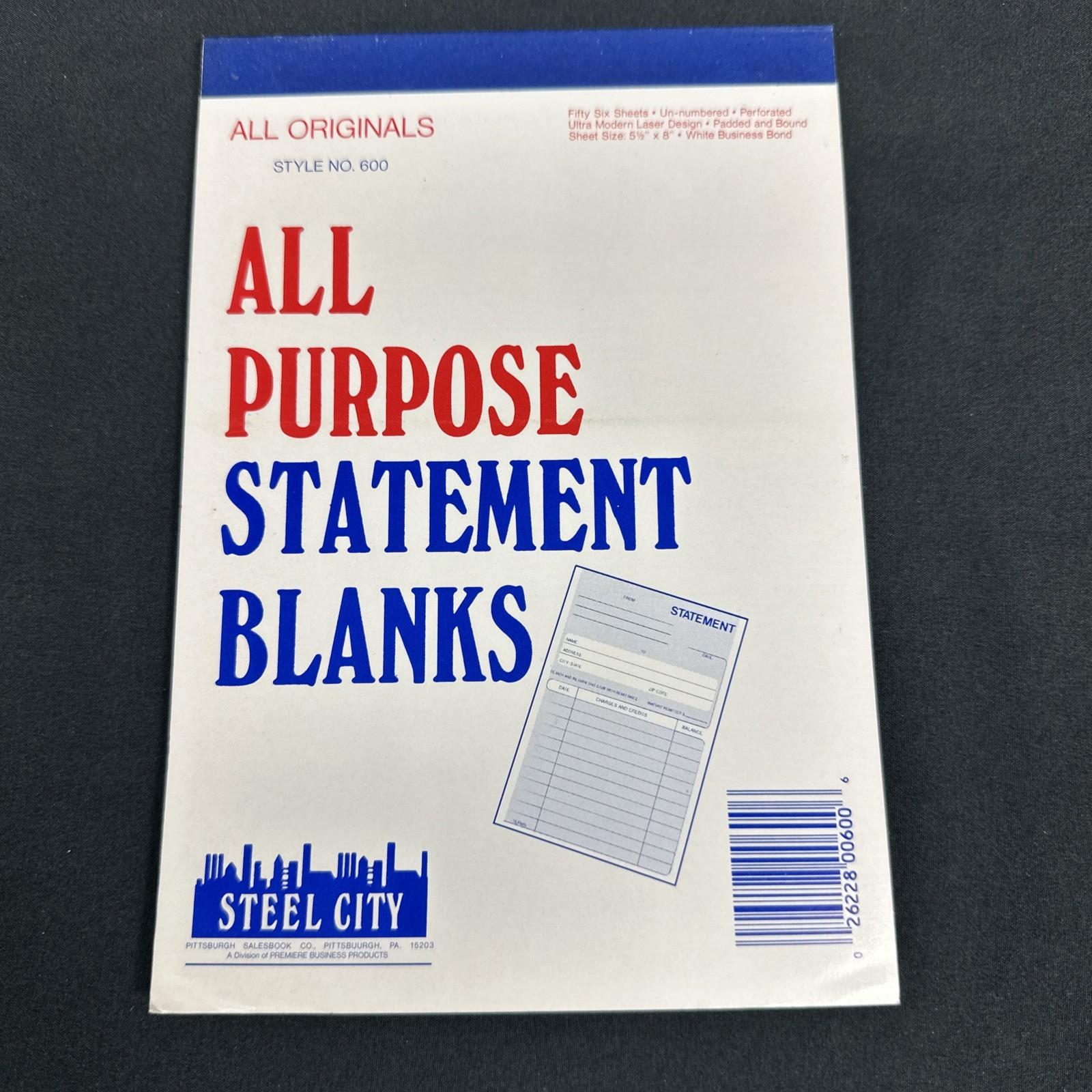 Steel City Statement Blanks Book 56 Sheets w Stub 1 Part Form Style 600 All Purp