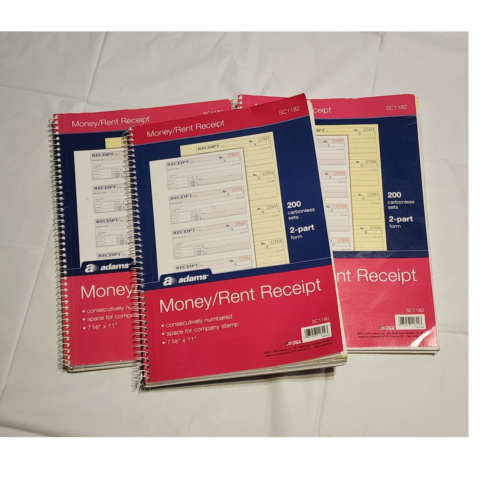 Set of 3-Adams SC1182 Receipts Book 2-Part Money Rent 200 Sets 7 5/8 x 11 Inches