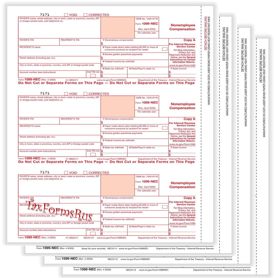 2025 IRS TAX FORMS KIT: 1099-NEC 6 recipients +envelopes + (1)1096 LASER 4pt 3UP