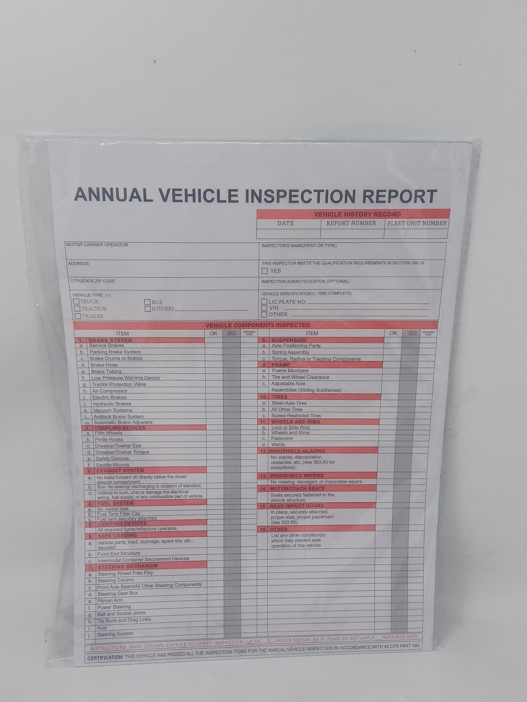 15-PACK. Annual Vehicle Inspection Report Form 3-Ply, Carbonless 49 CFR PART 396