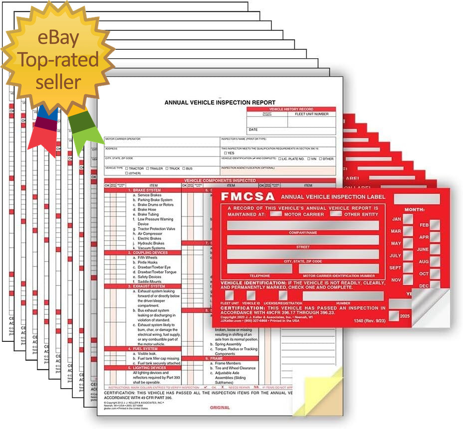10-Pack Annual Vehicle Inspection Report Form & Red FMCSA Label Aluminum
