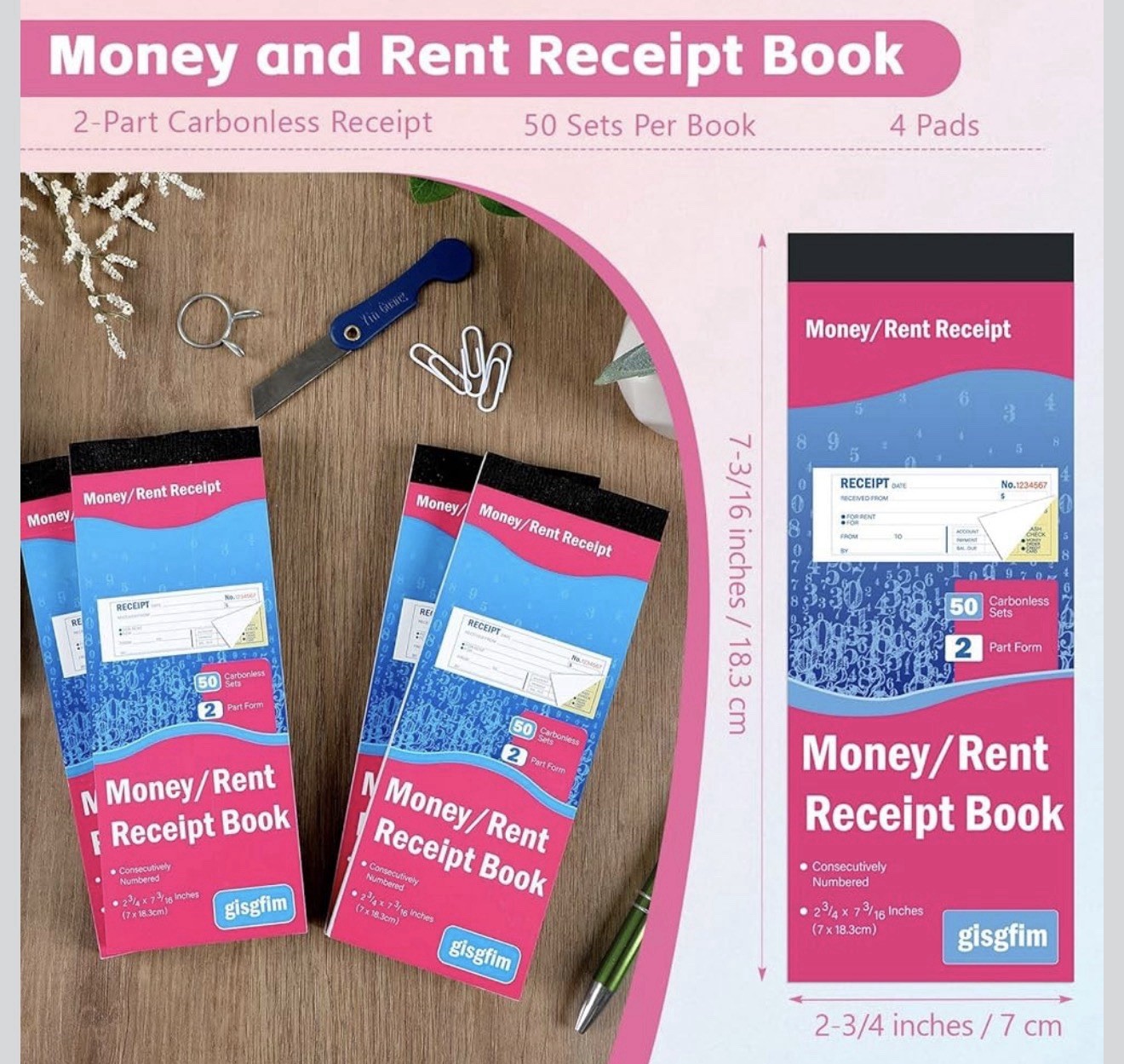 4 Pads Receipt Book with Carbon Copies Money and Rent Receipt Book 2 Part Carbon