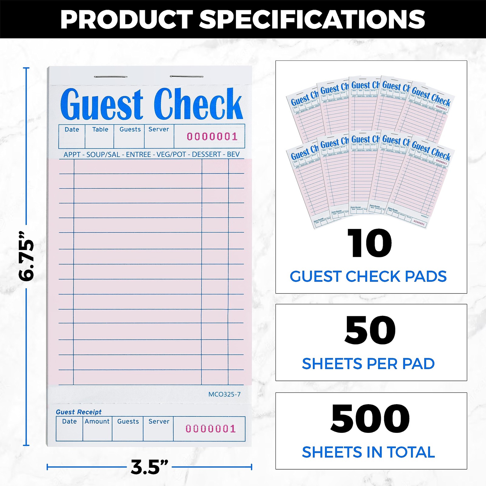 KitchenDine Guest Checks for Restaurants – 10 Pads with 50 6.75 x 3.5, Pink
