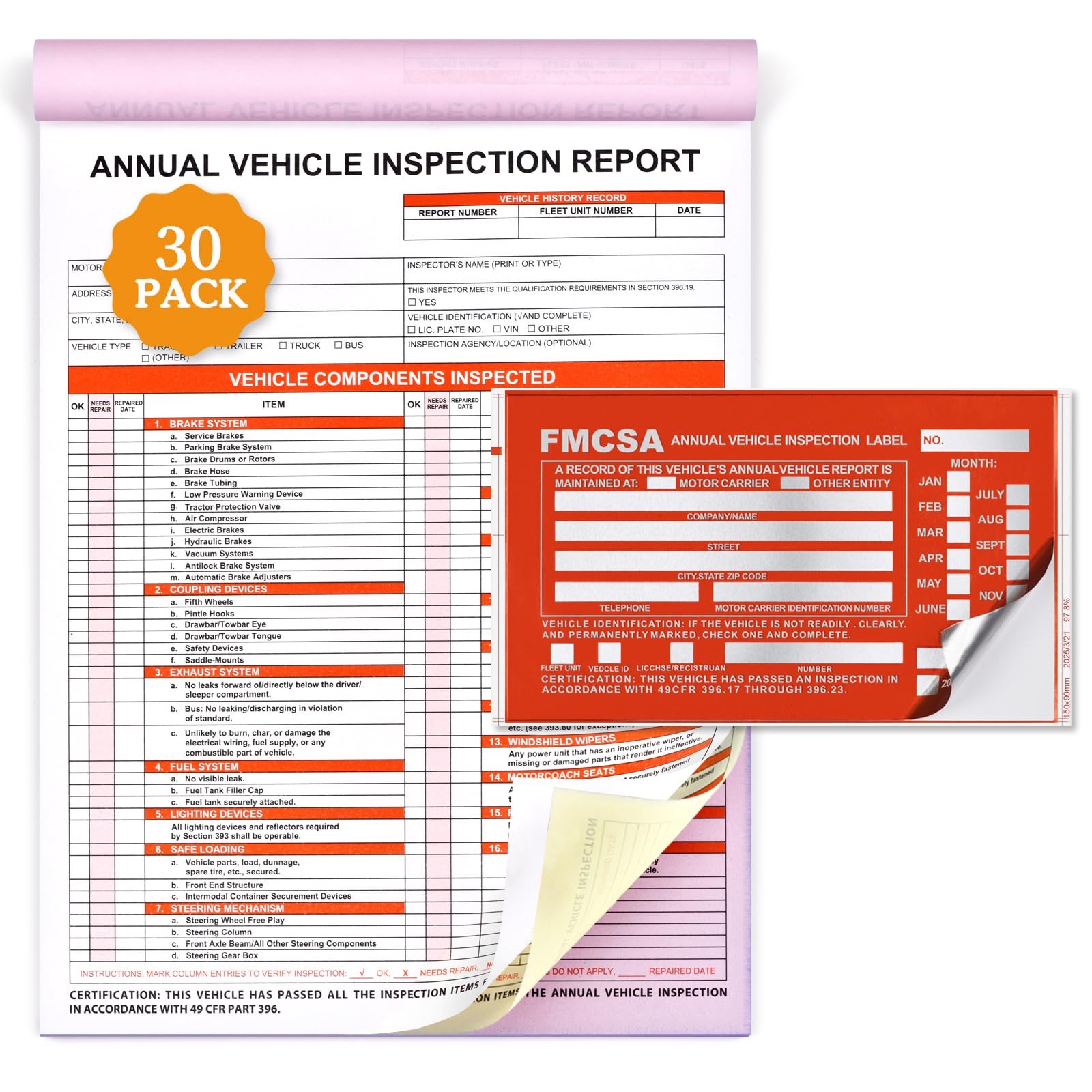 30 Pack Annual Vehicle Inspection Report Forms & 30-Pk Red Aluminum FMCSA Adh…